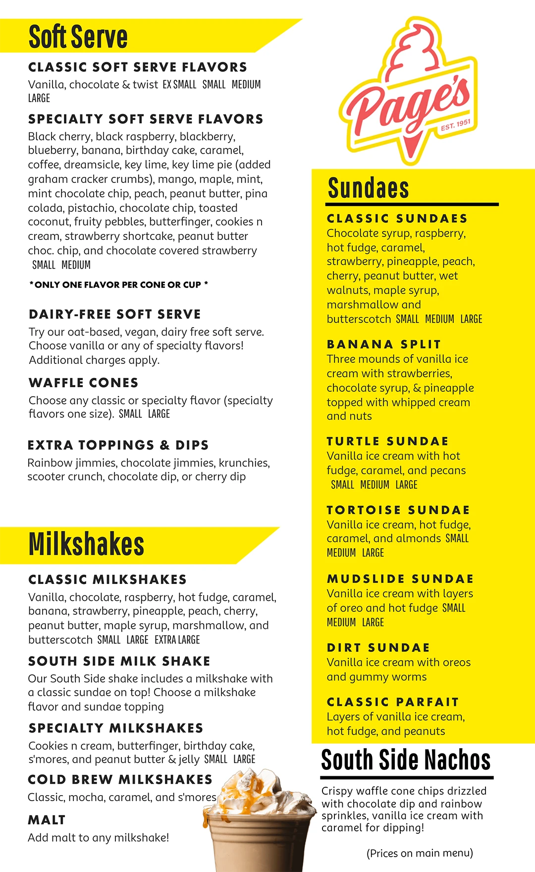 Page's Dairy Mart Menu Soft Serve, Sundaes, Milkshakes, Nachos